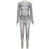 Striped Mesh Print Slim Long-Sleeved Top Tight Trousers Suit NSDLS109618