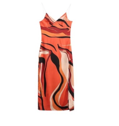 Split Satin Printed Sling Dress NSAM109569