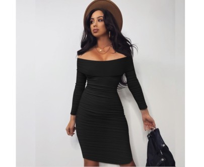 Solid Color One-word Neck Long-sleeved Mid-length Dress NSHWM109379