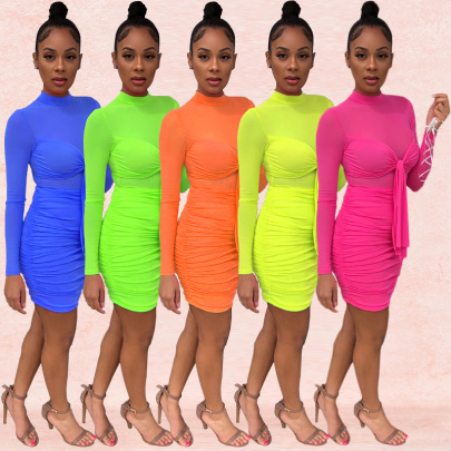Solid Color Long-sleeved Mesh Stitching Tight Dress Nihaostyles Wholesale Clothing NSXYZ100480