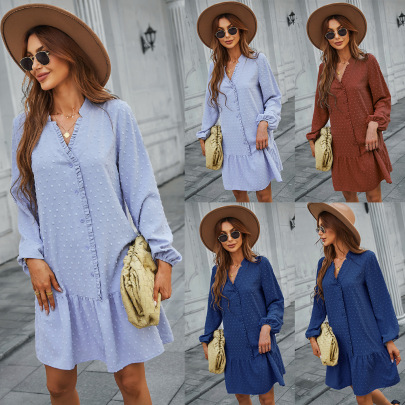 Summer Solid Color Long-sleeved Ruffled A-line Dress Nihaostyles Wholesale Clothing NSDY100517