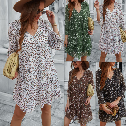 Summer Sexy Long-sleeved V-neck Print A-line Dress Nihaostyles Wholesale Clothing NSDY100519