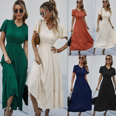 Summer Short-sleeved V-neck Long Dress Nihaostyles Wholesale Clothing NSDY100523