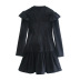 Black Velvet Ruffled Long-Sleeved Dress NSXFL101474