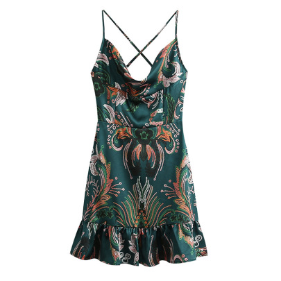  Green Satin Print Suspender Dress Nihaostyles Wholesale Clothing NSLQS101190