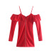 Red Long-Sleeved Off-Shoulder Suspender Dress NSLQS101196