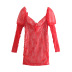 Red Lace Long-Sleeved V-Neck Slim Dress NSLQS101201