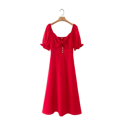 Red Bow Short-sleeved Dress Nihaostyles Wholesale Clothes NSLQS101219