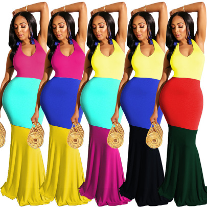 Color Matching Halterneck Backless Mopping Dress Nihaostyles Wholesale Clothing NSXYZ101580