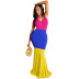 Color Matching Halterneck Backless Mopping Dress NSXYZ101580