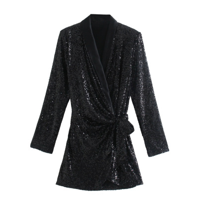 Black Sequined Long-sleeved V-neck Lace-up Dress Nihaostyles Wholesale Clothing NSBRF101624