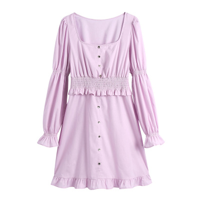 Purple Long-sleeved Square-neck Elastic Ruffled Dress Nihaostyles Wholesale Clothing NSBRF101629