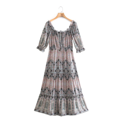 Short-sleeved Round Neck Lace-up Printed Dress Nihaostyles Wholesale Clothing NSBRF101655