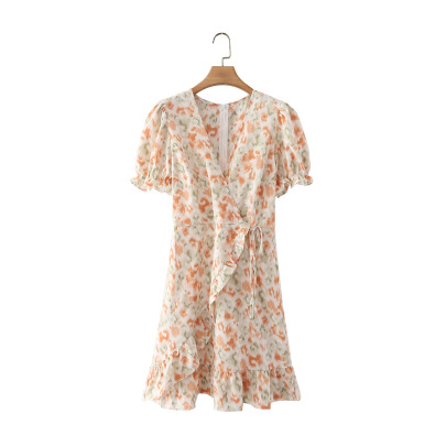 Spring Short-sleeved V-neck Lace-up Printed Dress Nihaostyles Wholesale Clothing NSBRF101674