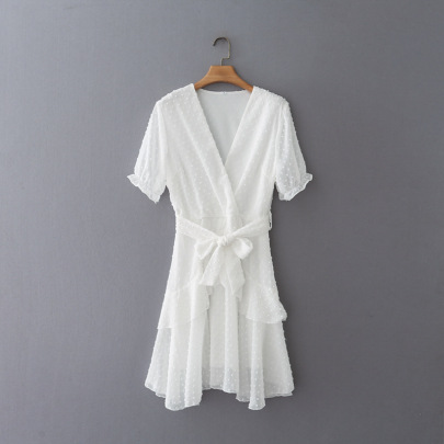 Short-sleeved Cut Flower Belt V Neck Dress Nihaostyles Wholesale Clothes NSLQS101751