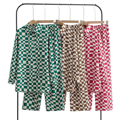 Checkerboard Printed Shirt Loose Trousers Set NSLQS101832
