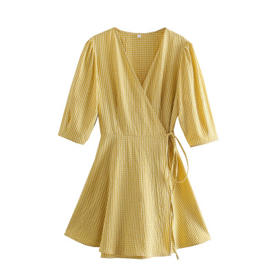 Plaid Wrap Lace Slim Dress Nihaostyles Clothing Wholesale NSLQS101840