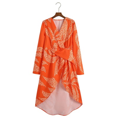 Orange Long-sleeved V-neck Printed Silhouette Dress Nihaostyles Wholesale Clothing NSXFL101852