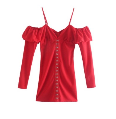 Red Long-sleeved Off-shoulder Suspender Dress Nihaostyles Wholesale Clothing NSLQS101196