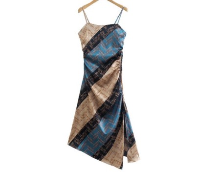 Color Matching Chain Print Oblique Hem Slit Suspender Dress Nihaostyles Wholesale Clothing NSLQS101703