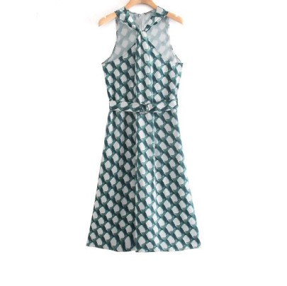 Green Sleeveless Geometric Print Satin Dress Nihaostyles Wholesale Clothing NSLQS101200