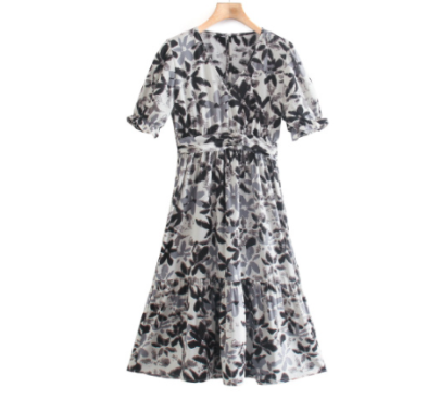 V-neck Printed Short Sleeve Dress Nihaostyles Wholesale Clothes NSLQS101776