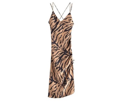 Brown Zebra Print Silk Satin Sling Dress Nihaostyles Wholesale Clothing NSXFL101861
