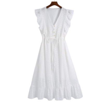 White Flying Sleeve V-neck Hollow Lace-up Dress Nihaostyles Wholesale Clothing NSLQS101205