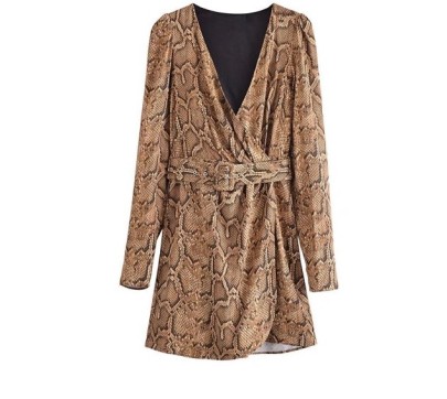 Snake Print Long-sleeved V-neck Silk Satin Dress Nihaostyles Wholesale Clothing NSXFL101860