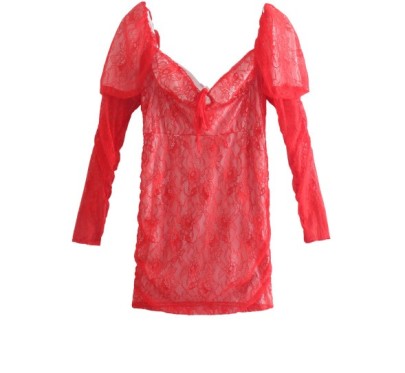 Red Lace Long-sleeved V-neck Slim Dress Nihaostyles Wholesale Clothing NSLQS101201