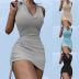 Solid Color V-Neck Sleeveless Ribbed Drawstring Pleated Dress NSLZ102351