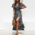 V-neck Irregular High Waist Lace Chiffon Printed Dress NSJS34327