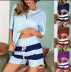 short sleeve top stitching striped shorts home suit  NSHZ35731