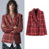 Retro tweed contrast color plaid mid-length suit jacket NSLD36862