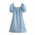 square neck puff sleeve lace waist blue dress  NSAM37179