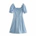 square neck puff sleeve lace waist blue dress  NSAM37179