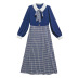 stitching mid-length blue high waist plaid dress NSXS37366