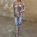 spring and summer new printed long-sleeved V-neck casual loose T-shirt  NSZH37433