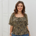 plus size floral new summer square neck puff sleeve top  NSQH37494