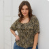 plus size floral new summer square neck puff sleeve top  NSQH37494