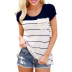 striped stitching pocket round neck short sleeve loose T-shirt  NSGE37732