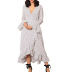 Polka Dot Printed V-neck Flared Sleeve High Waist Lace-up Irregular Dress NSGE37799