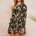 casual oblique shoulder print high waist lace ]chiffon dress NSGE37913