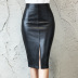 black high-waist slim-fit split PU leather skirt NSGE35050