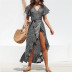 V-neck Irregular High Waist Lace Chiffon Printed Dress NSGE35054