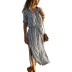 striped button high waist lace chiffon shirt dress NSGE35075