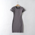 elastic small split round neck short-sleeved dress NSHS38536