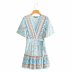 V-neck short-sleeved rayon printing high-waist dress NSAM42205