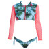 long-sleeved mesh fabric flamingo print split swimsuit  NSHL42285