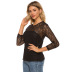 Solid Color Long Sleeve Round Neck Mesh Hollow Shirt NSJR42562
